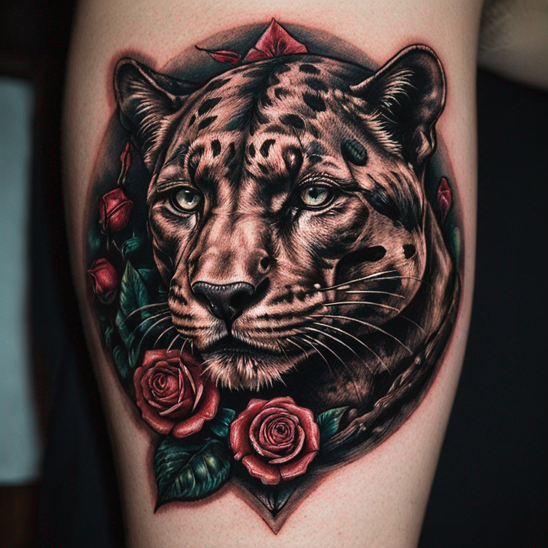 american-tradition-panther-head-with-roses-tattoo