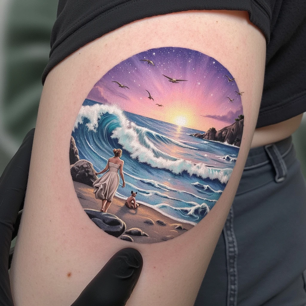 tatuagem do  Nascer da LUA grande saindo do MAR, com nuvens, estrelas, e um punho da resistência negra menos que o luar so contorno e sombreado saindo da água-tattoo