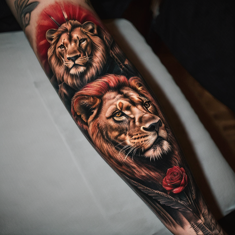 tatuaje-de-león-realista-rugiendo-en-negro-con-rayos-de-color-rojo-tattoo