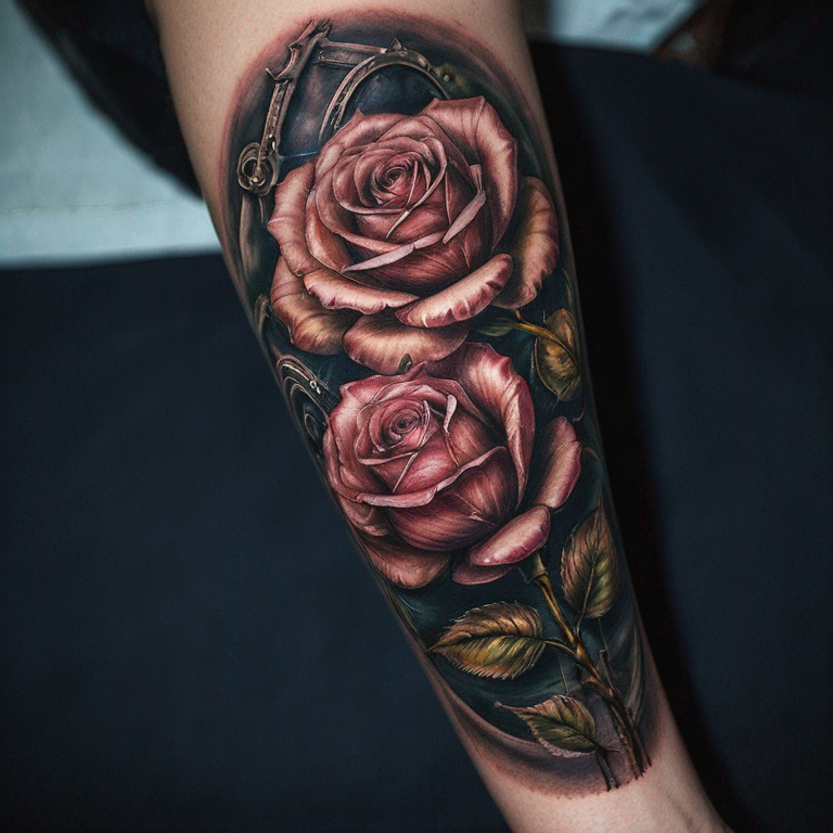tatouage-avant-bras-montre-a-gousset-avec-une-rose-en-billet-et-une-quinte-flush-royale-de-coeur-tattoo