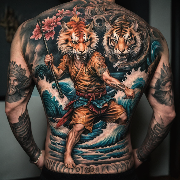 pez-koi,-tigre-samurai,-hojas-de-arce,-olas,-viento-tattoo