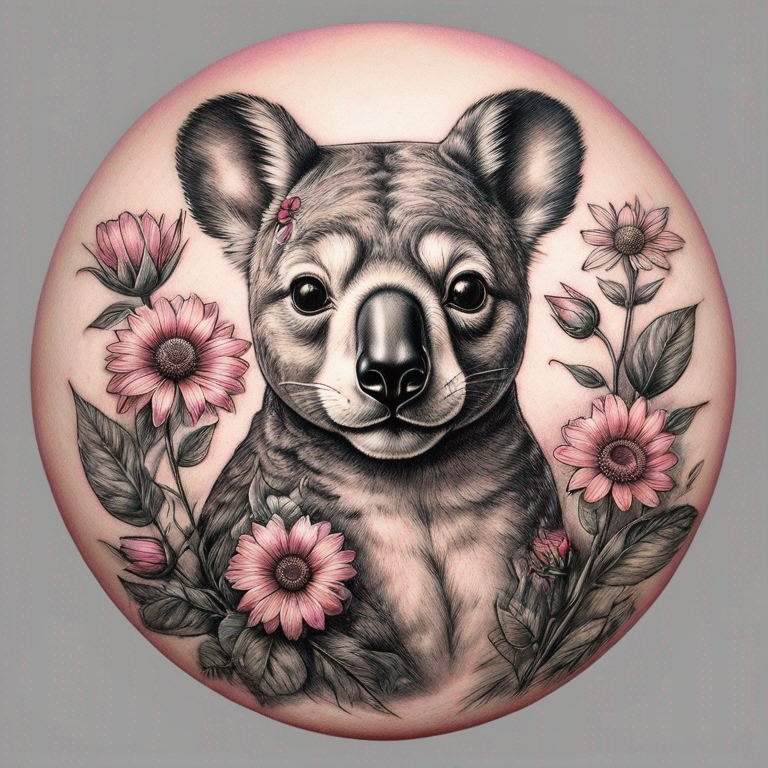 koala,-husky,-colibri-dans-un-cœur-de-fleurs-des-roses,-des-marguerites,-des-soucis.-autour-du-cœur-une-abeille,-deux-papillons,-trois-libellules.-initiale-m,-l-et-t.-tattoo