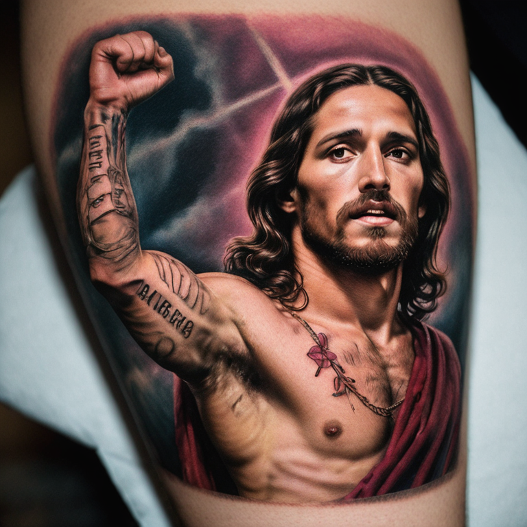 foto-de-jesus-no-ombro,-anjos-no-biceps,-uma-frase-no-antebraço-e-uma-rosa-na-mão-tattoo