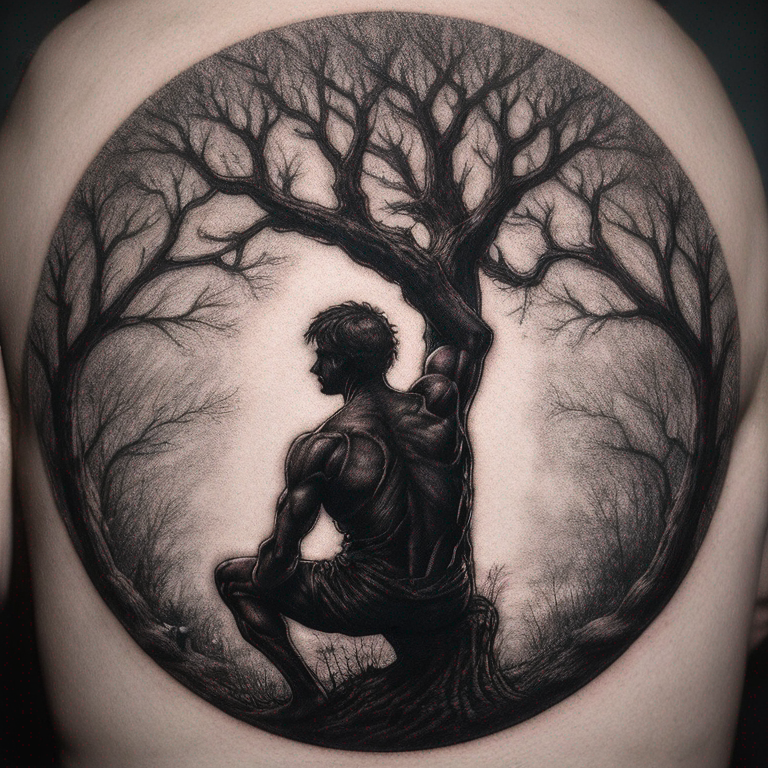 silhouette-d'homme-qui-à-les-pieds-reliés-aux-racines-d'un-arbre-feuillus-tattoo