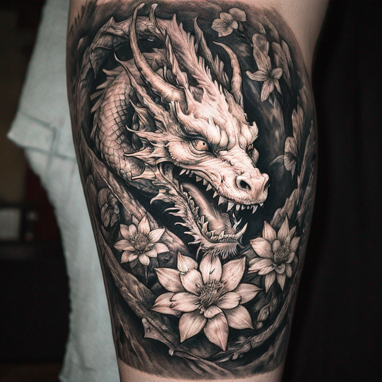 on-arm-white-dragon-with-flowers-tattoo