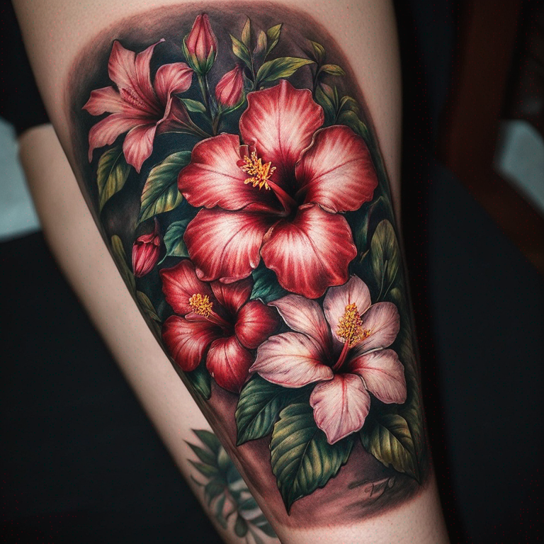 tatouage-avant-bras-avec-fleur-de-cerisier,-hibiscus,-fleur-d'acacia-fleur-d'azalée,-cyclamens,-poinsettia-et-stock-tattoo