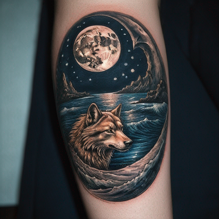 loup-garou-hurlant-sous-une-pleine-lune-avec-la-mer-en-fond-qui-est-éclairée-par-la-lune-tattoo