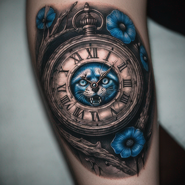 un-oeil-bleu-de-loup-dans-une-horloge-en-chiffre-romain-avec-la-phrase-"the-quiet-ones-are-often-the-ones-with-surprises"-tattoo