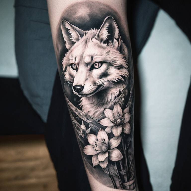 greyscale-kitsune-forearm-tattoo