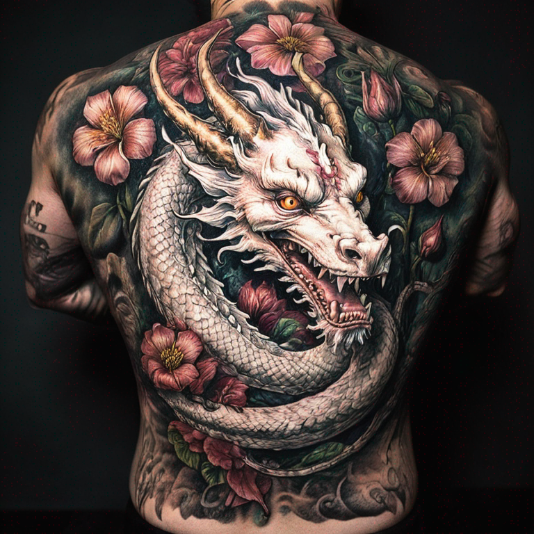 white-dragon-with-flowers-tattoo