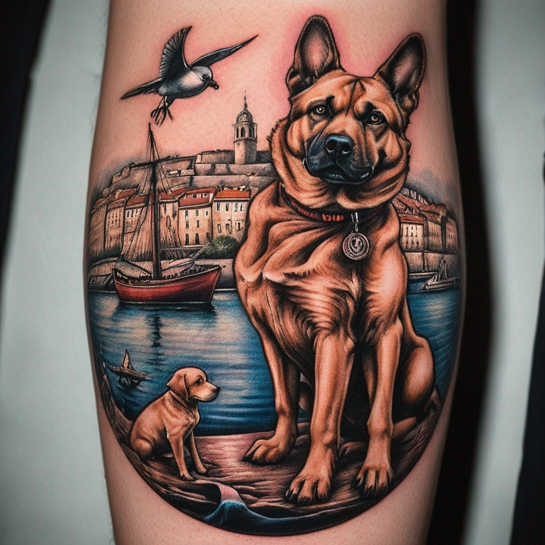 vieux-port-de-marseille-avec-un-pêcheur-avec-un-chien,-des-oiseaux,-la-bonne-mère-et-le-logo-de-l'om-tattoo