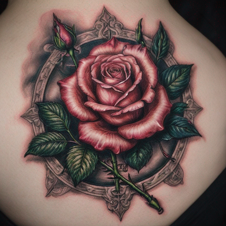 une-dague-qui-coupe-une-rose-en-deux,-avec-un-pommeau-fleur-de-lys-et-d'autre-détaile-tattoo