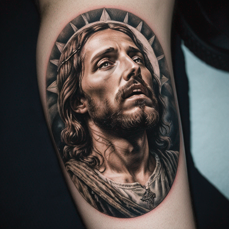 un-tatouage-de-jesus-qui-regarde-vers-le-bas-avec-un-sentiment-de-d’épis-en-noir-et-blanc-tattoo