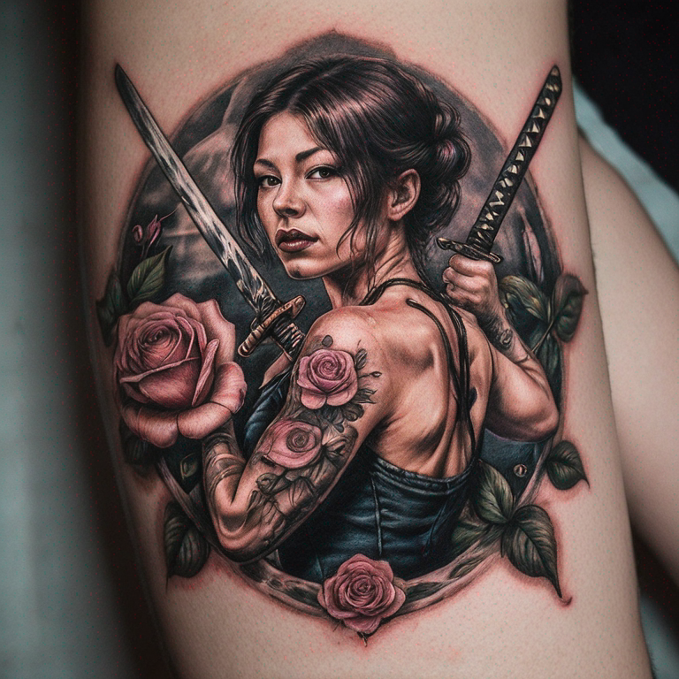 katana-et-fleur-de-laurier-rose-enroulée-autour-tattoo