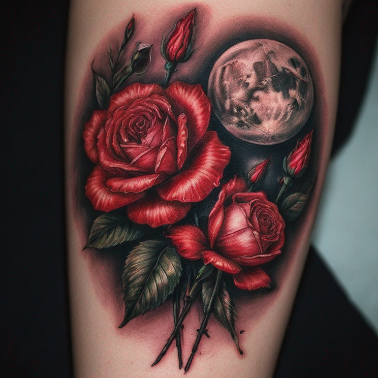 un-tatouage-fleuri-avec-des-roses-rouges,des-lycoris-rouges-tattoo