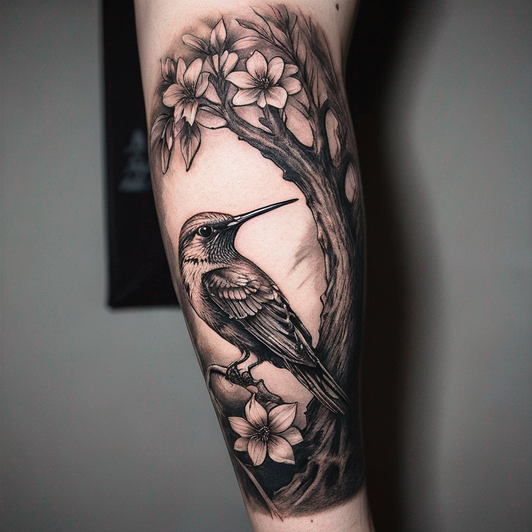 colibri-sur-l'épaule-d'une-silhouette-homme-qui-à-les-pieds-reliés-aux-racines-d'un-arbre-feuillus-tattoo