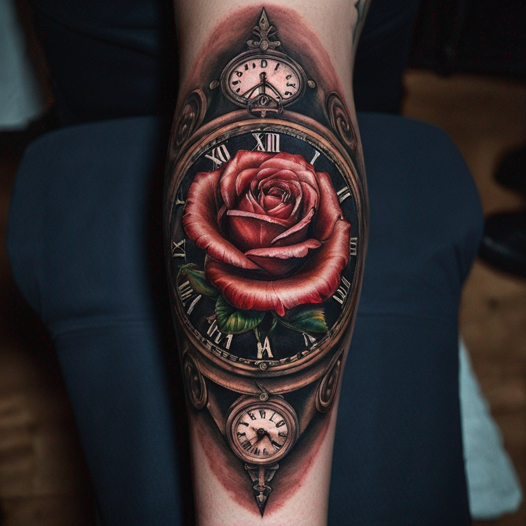 tatouage-avant-bras-montre-a-gousset-avec-une-rose-en-billet-et-une-quinte-flush-royale-de-coeur-tattoo