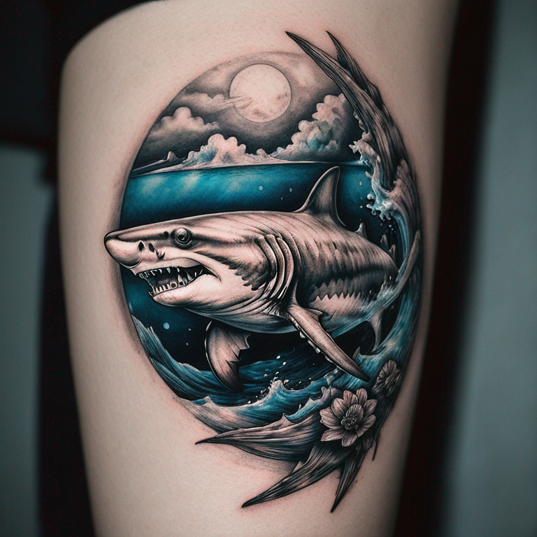 tatuaje-de-un-tiburón-al-estilo-de-minimalismo,-además-tiene-que-relacionar-el-océano-con-el-espacio-tattoo