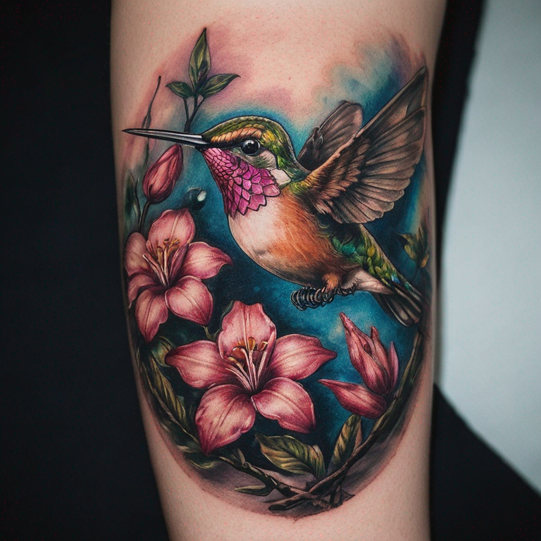 liane-de-fleur-avec-colibri-qui-s'envole-sur-le-bras-tattoo