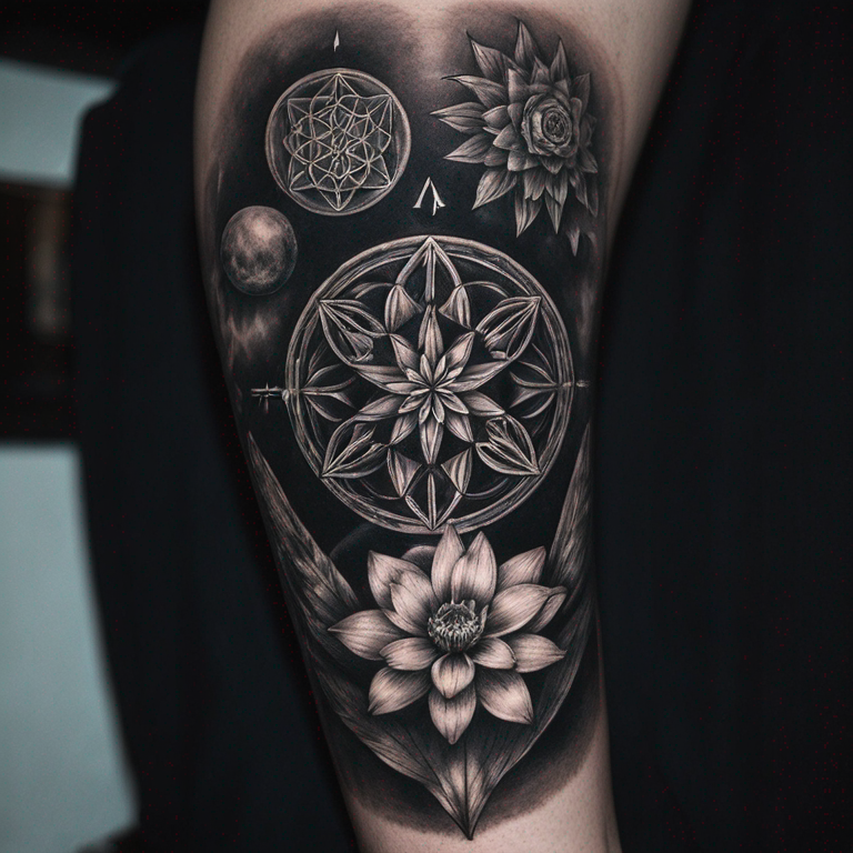 black-and-grey-tattoo-with-metatron-cube-plus-flower-of-life-plus-golden-number-tattoo