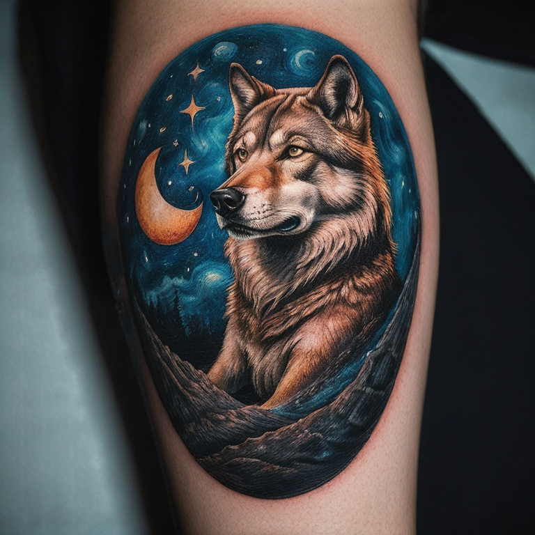 rostro-de-lobo-solitario-con-la-luna-llena-a-color-tattoo