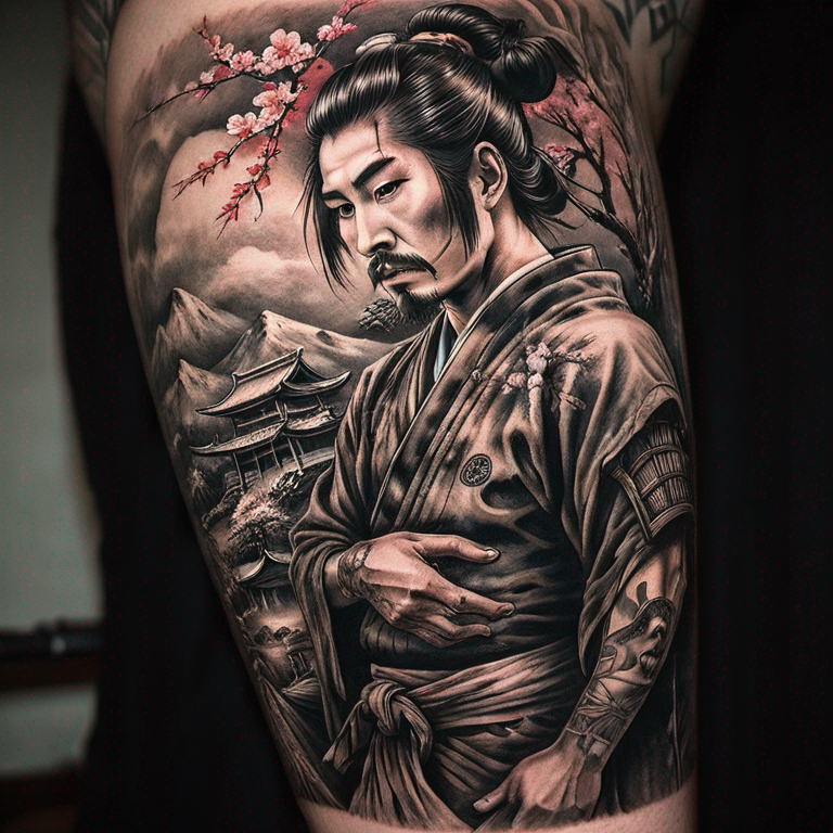 samurai-+-geisha-abrazados-en-paisaje-japones-tatuaje-brazo-derecho-tattoo