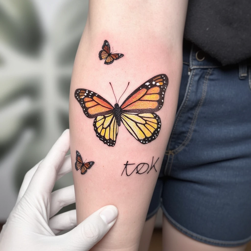 mélange de lierre, coquelicot, pissenlit, une lettre l liée a un demi papillon-tattoo