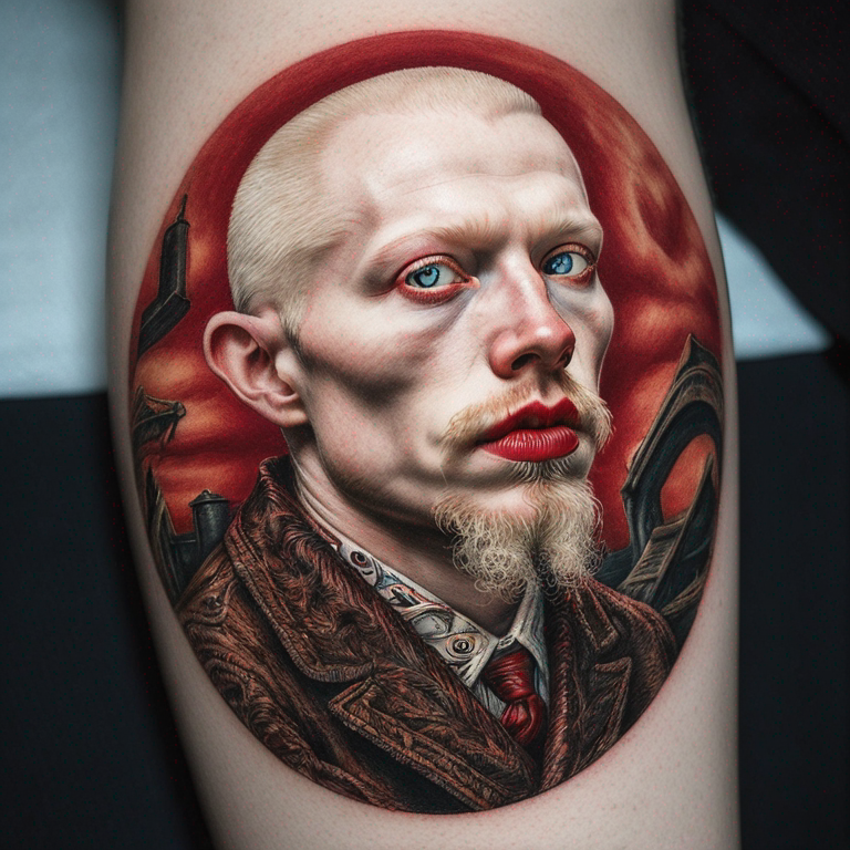 un-furet-albinos-aux-yeux-rouges,-descendant-sur-l'épaule,-l'arrière-train-sur-le-trapèze-et-le-visage-sur-l'épaule,-tattoo
