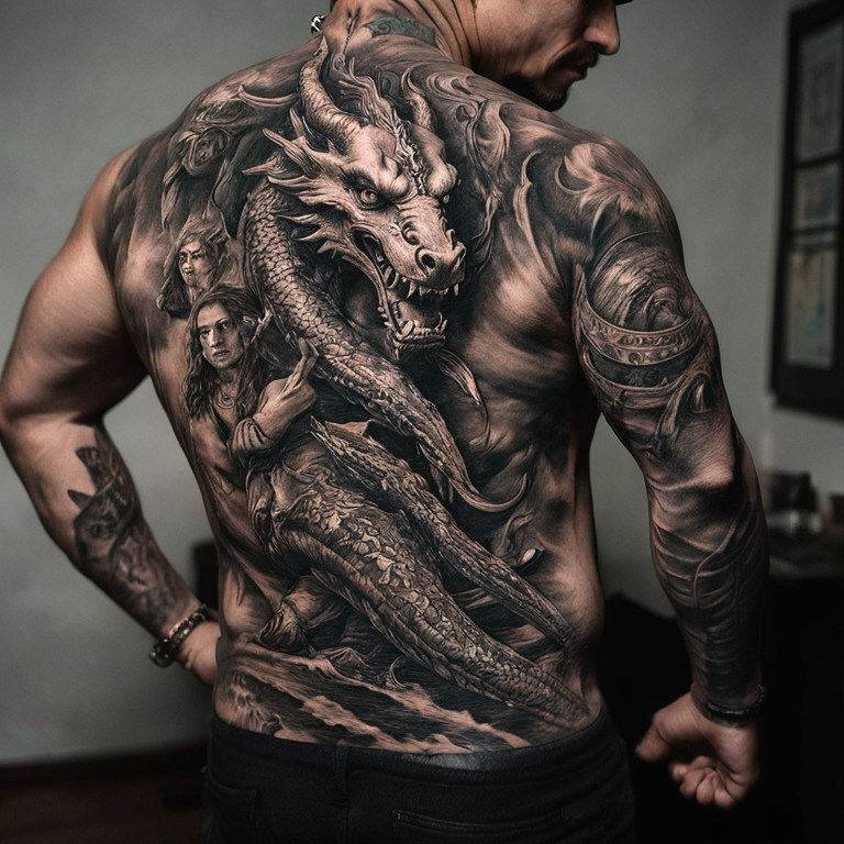 dos-dragones-entre-lazados-tribal-brazo-tattoo