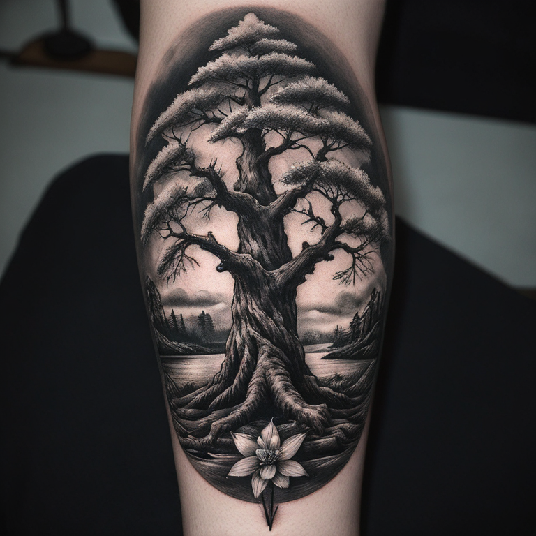 ein-kirschbaum-bonsaibaum-in-black-&-grey-mit-stark-verbogenem-stamm-tattoo