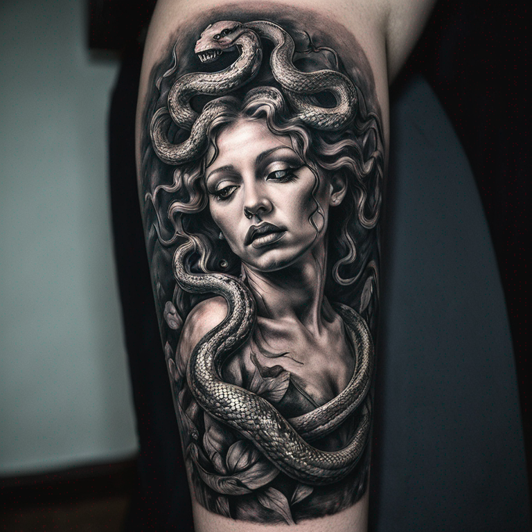 medusa-with-snakes-trying-to-catch-a-butterlfy-in-black-and-grey-tattoo
