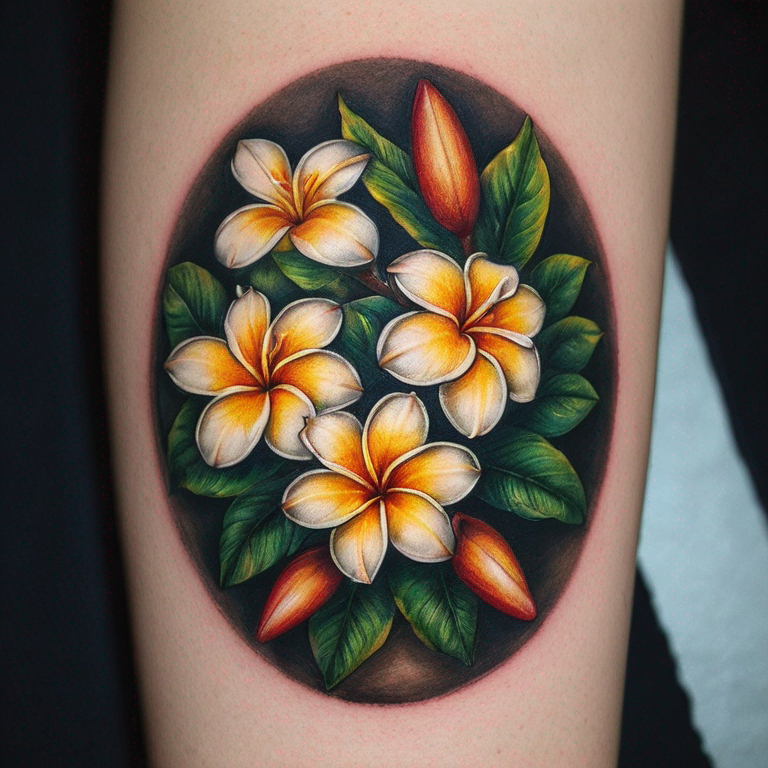 fleurs-de-frangipanier-qui-descend-de-l'épaule-à-la-poitrine-tattoo