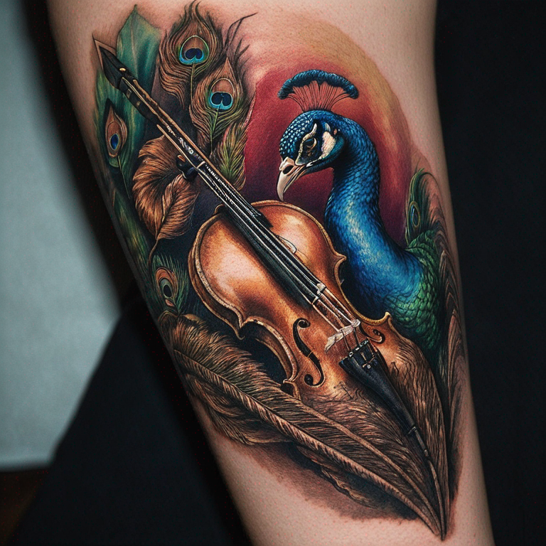 peacock-feather-tied-up-with-a-shaft-of-an-arrow-and-has-a-hidden-violin-tattoo