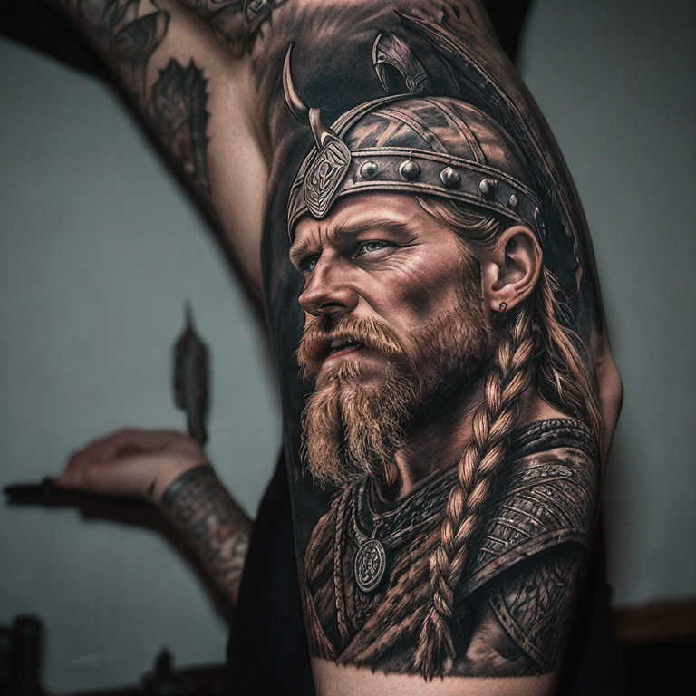 un-tatouage-viking-re-prennant-la-rhune-kennaz-qui-va-de-lavant-bras-à-l'épaule-tattoo