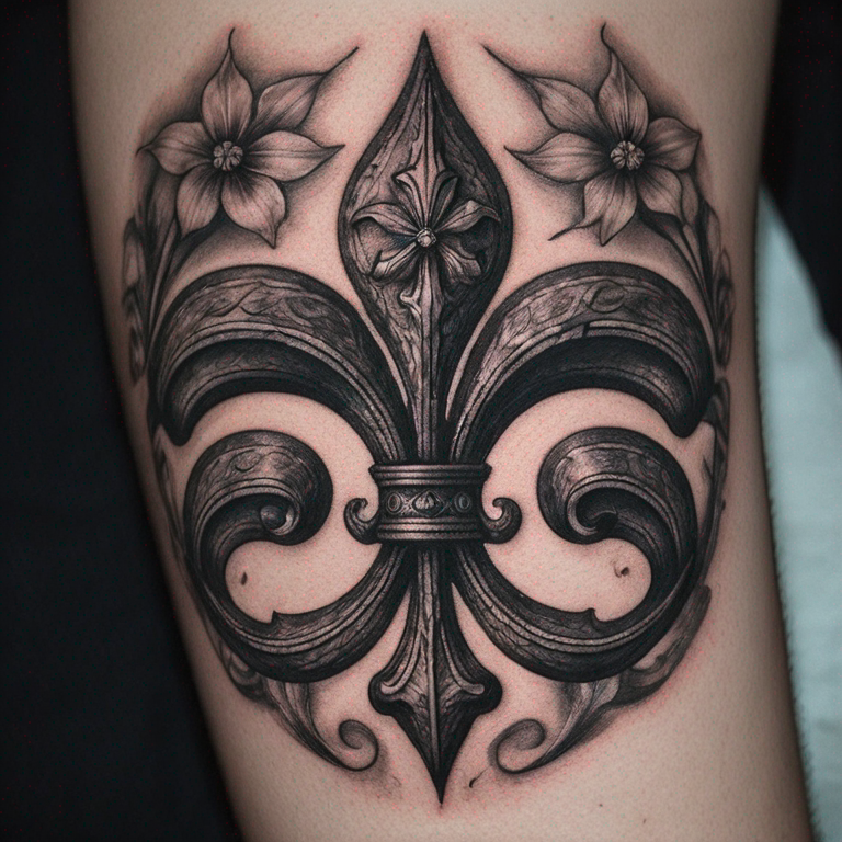 une-fleur-de-lys-mélangée-au-symbole-nouveau-départ-avec-les-lettres-e-et-m-tattoo