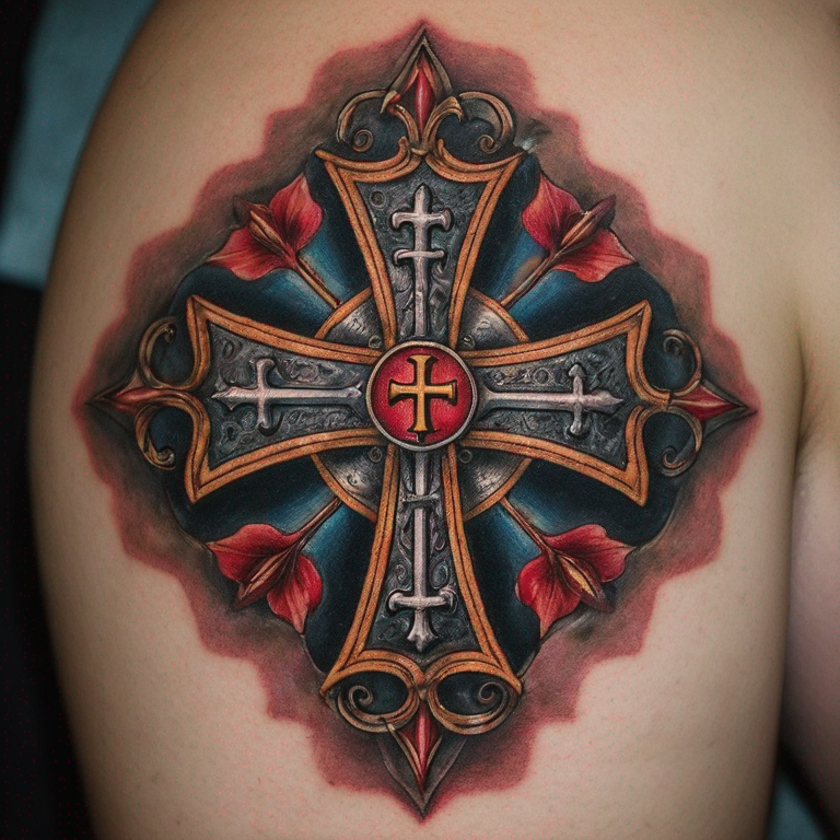 croix-jésus-avec-écrit-"in-hoc-signo-vinces"-au-milieu-enroulé-d'une-fleur-de-lys-et-avec-un-templier-derrière-tattoo